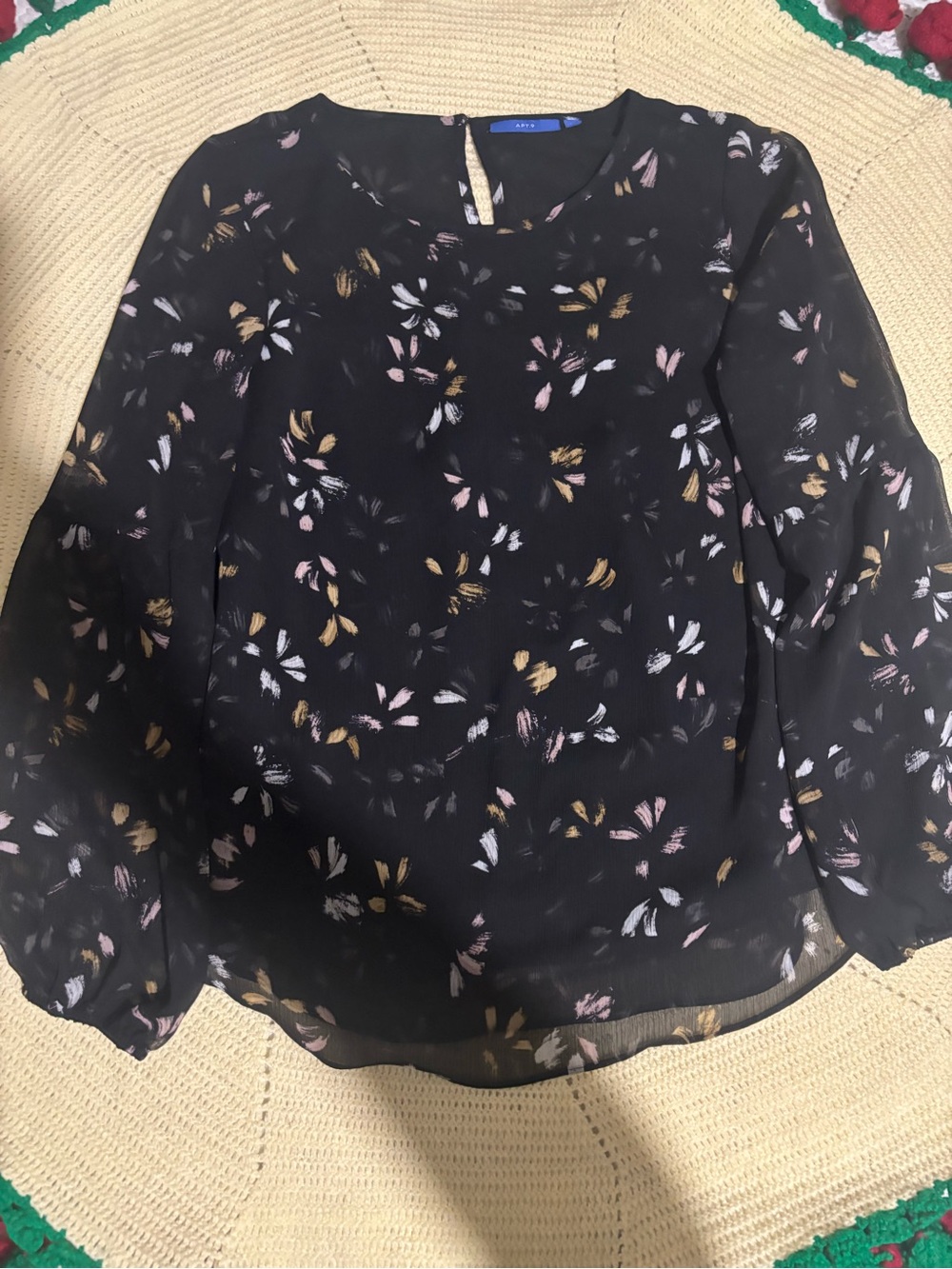 Apt. 9 Black Floral Print Long-Sleeve Blouse